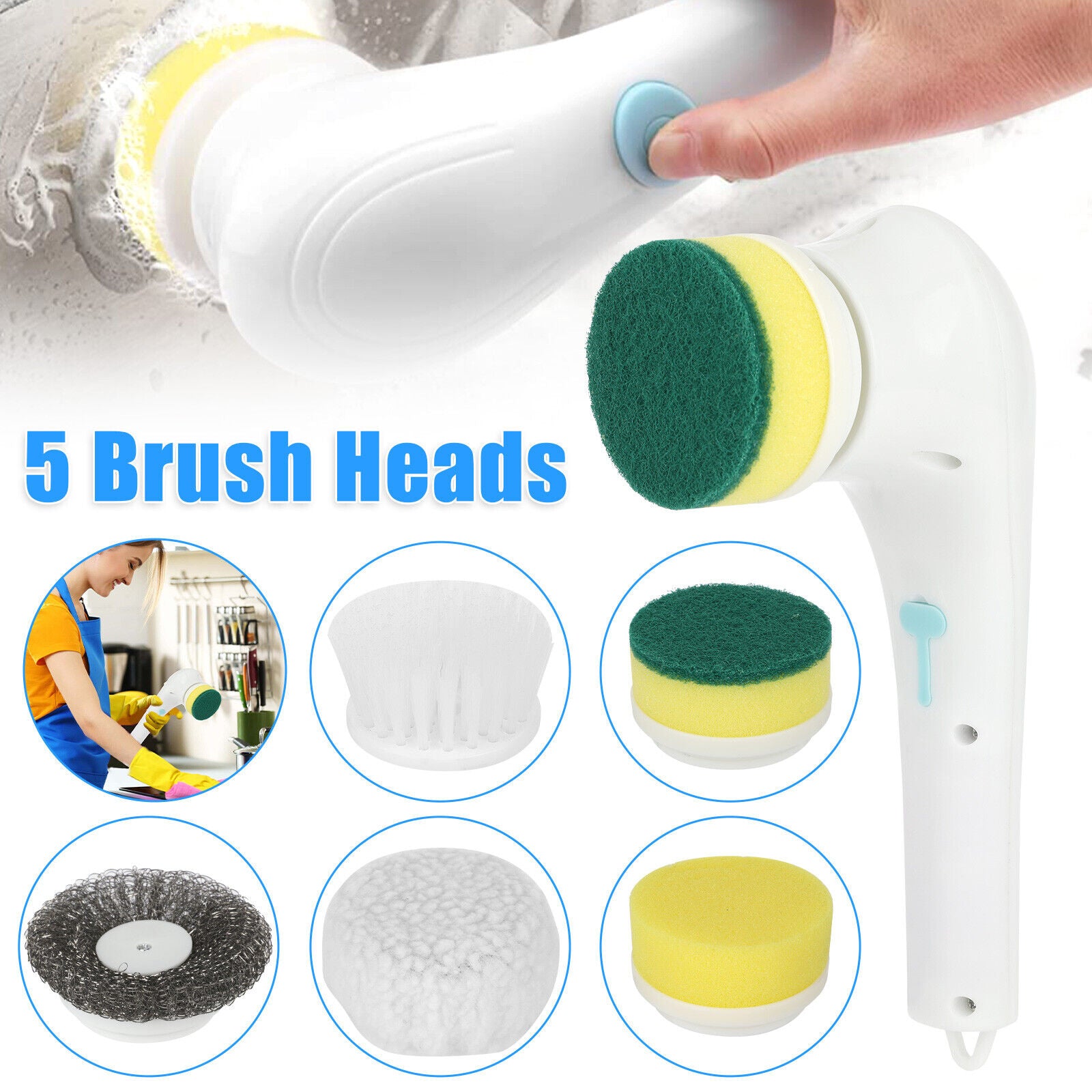 5 Heads Electric Cordless Spin Scrubber Rotating Cleaning Brush Set Rechargeable