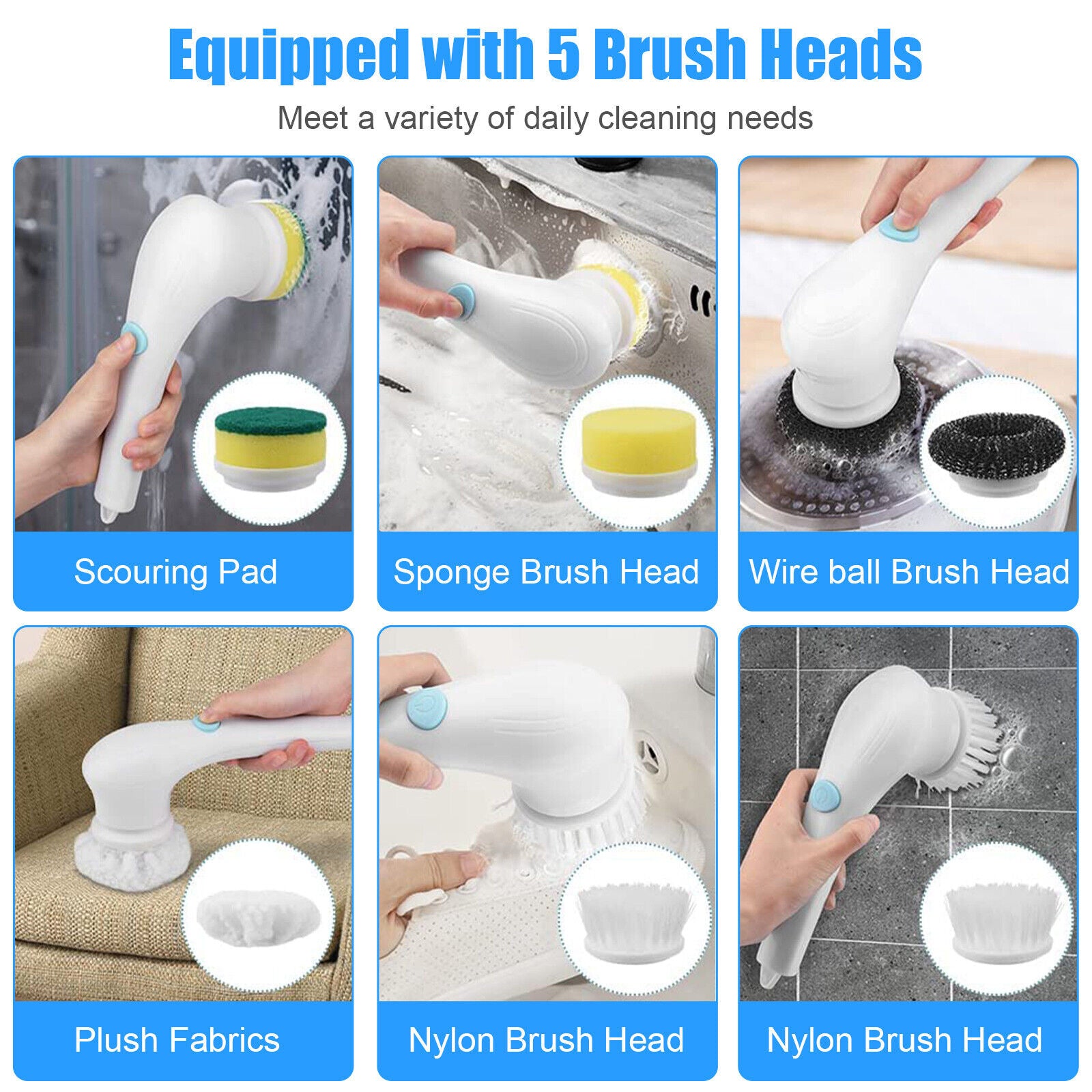 5 Heads Electric Cordless Spin Scrubber Rotating Cleaning Brush Set Rechargeable